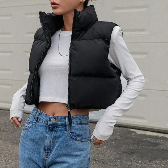 Black Casual Women's Zip Up Crop Vest Puffer Thick Coat - Picture 8 of 9